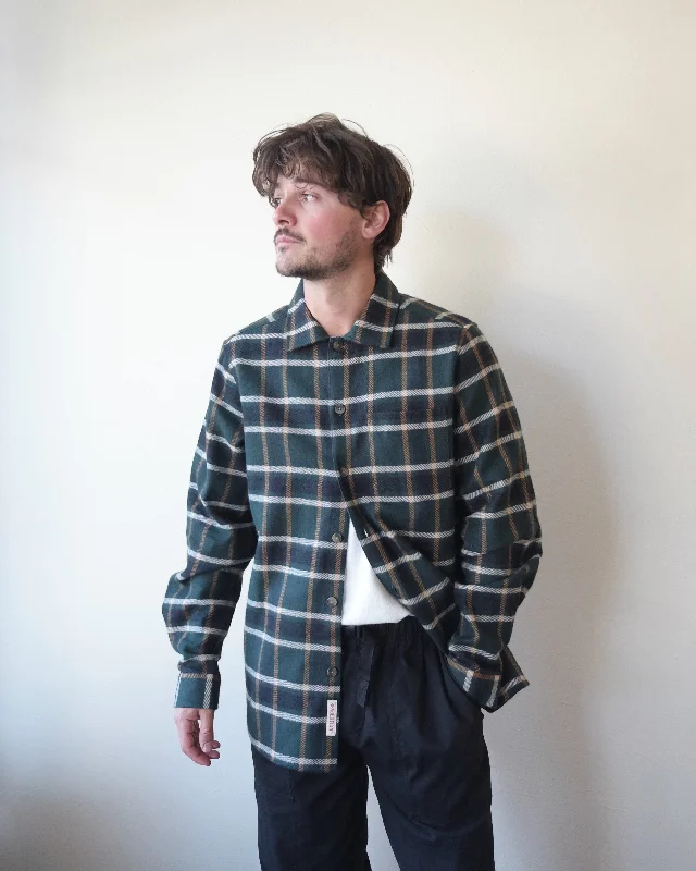 Green Plaid Overshirt-- V-Neck T-Shirt Long Sleeve Cotton