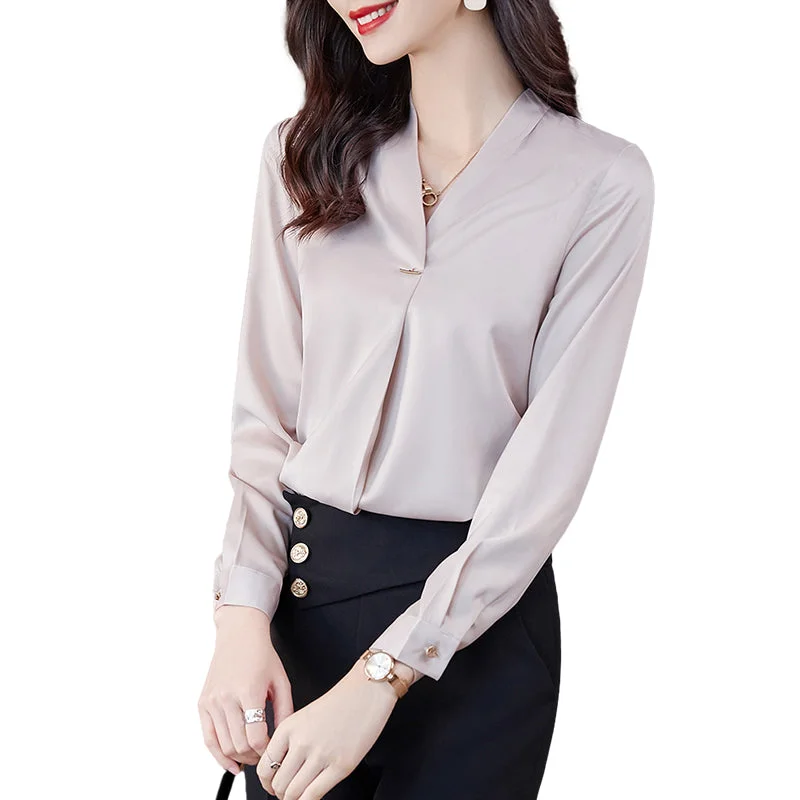 Wholesale High Quality New Elegant Female Loose Shirt V-neck Beige White Casual Women Long Sleeve Office Ladies Blouses-- Graphic Embroidered Appliqued Wholesale High Quality New Elegant Female Loose Shirt V-neck Beige White Casual Women Long Sleeve Office Ladies Blouses-- Graphic Embroidered Appliqued