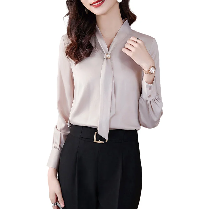 Wholesale High Quality New Elegant Female Loose Shirt Tie Collar Beige White Casual Women Long Sleeve Silk Office Ladies Blouses-- Chenille Blend Fleece Blend Nylon Blend Wholesale High Quality New Elegant Female Loose Shirt Tie Collar Beige White Casual Women Long Sleeve Silk Office Ladies Blouses-- Chenille Blend Fleece Blend Nylon Blend