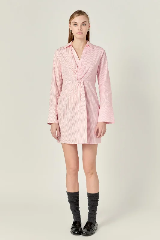 English Factory - Striped Combo Twist Front Shirt Dress-- Spandex Blend Rayon Blend Denim Blend English Factory - Striped Combo Twist Front Shirt Dress-- Spandex Blend Rayon Blend Denim Blend
