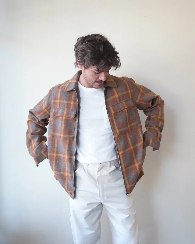 Lined Zip Overshirt, Brown Plaid-- Elasticated Padded Insulated