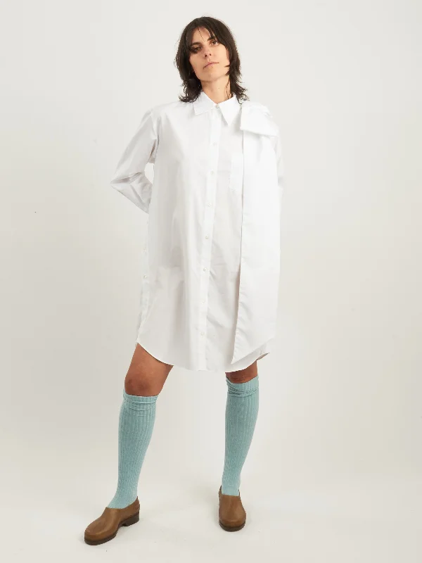 White Long Shoulder Bow Masculine Button Placket Shirt-- Hooded Caped Shawl Collar