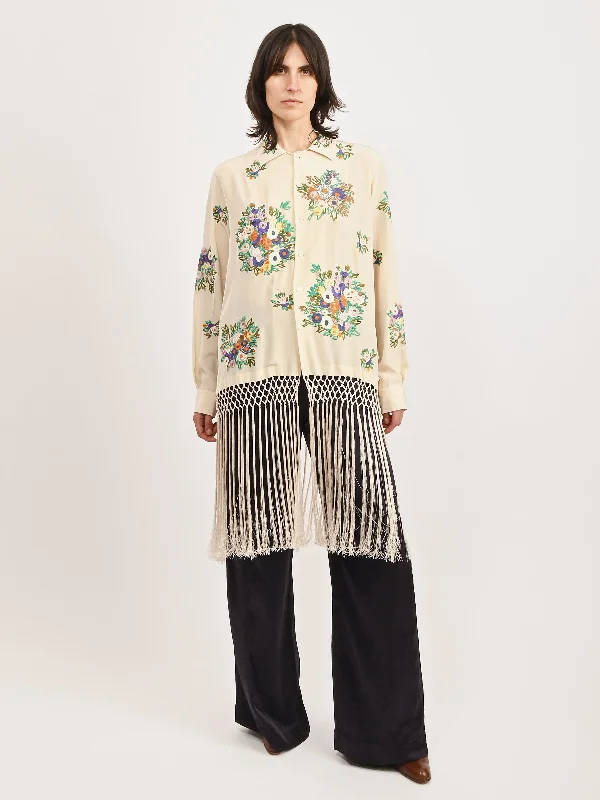 Cream/Multi Flower Language Shirt-- Hooded Caped Shawl Collar