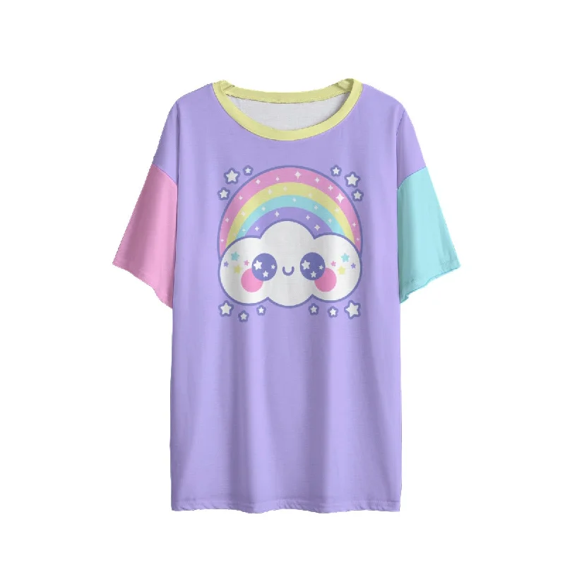 Happy Rainbow Cloud Purple Women's Drop Shoulder T-Shirt-- Polka Dot Checkered Tartan Happy Rainbow Cloud Purple Women's Drop Shoulder T-Shirt-- Polka Dot Checkered Tartan
