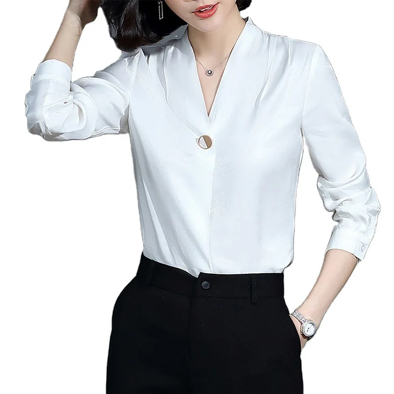 OEM Less is More Simple Wholesale High-quality Elegant Shirt V-neck Collar White Women Clothes Tops Office Ladies Blouses-- Welt Pockets Slit Pockets Flap Pockets OEM Less is More Simple Wholesale High-quality Elegant Shirt V-neck Collar White Women Clothes Tops Office Ladies Blouses-- Welt Pockets Slit Pockets Flap Pockets