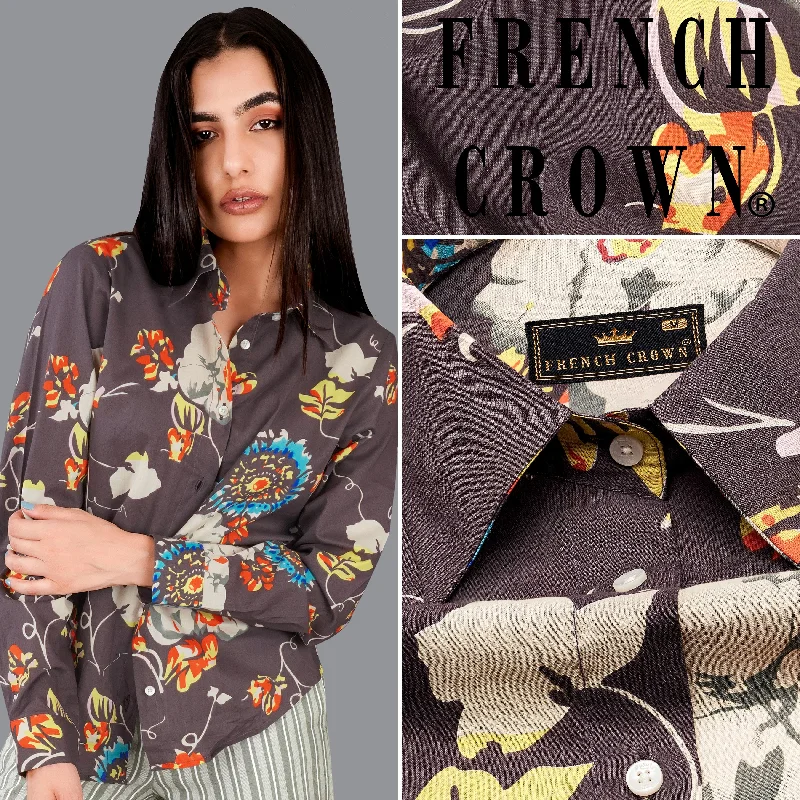 Fuscous Brown Floral Printed Premium Cotton Shirt-- Solid Color Striped Floral