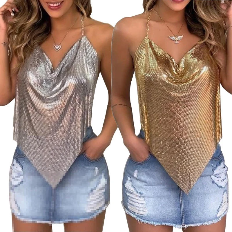 Sequins Backless Sleeveless Party tops Women's Camisole shirt-- Terry Blend Velvet Blend Canvas Blend