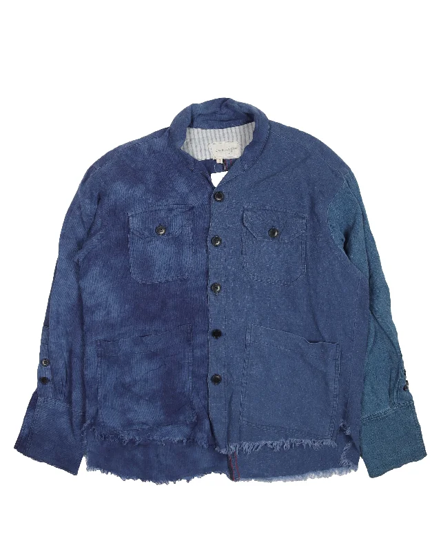 Indigo Shawl Collar Boxy Shirt-- Striped Floral Plaid