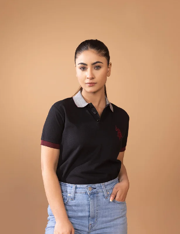 Black Contrast Collar Women Polo Shirt-- Denim Fabric Leather Fabric Suede Fabric
