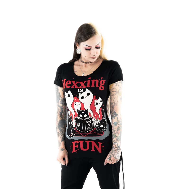 HEXXING IS FUN T SHIRT - BLACK-- Striped Floral Plaid
