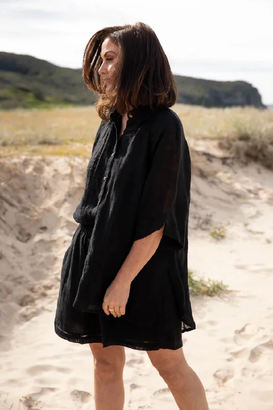 Gauze Linen Shirt | Black-- Ribbed Striped Patterned