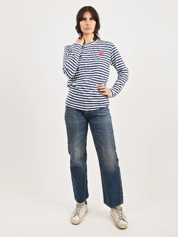 Blue/White Red Heart Play Striped T-Shirt-- Welt Pockets Slit Pockets Flap Pockets