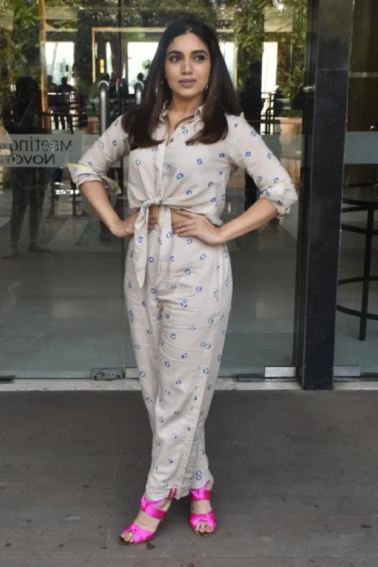 Bandhej Tie-up Shirt And Pant Co-ord Set as seen on Bhumi Pednekar-- Satin Blend Silk Blend Wool Blend