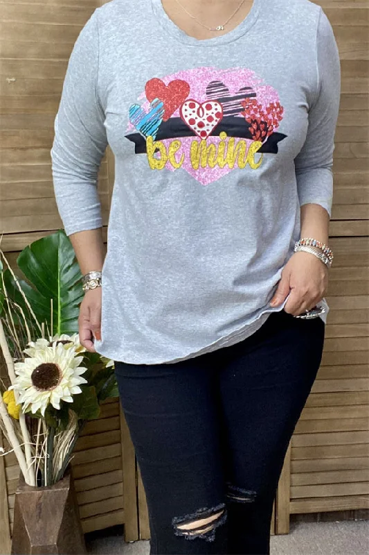 DLH8901 BE MINE heart printed 3/4 sleeve t-shirt-- Hooded Caped Shawl Collar