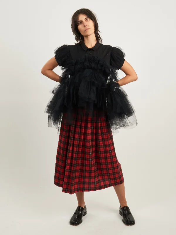 Black Puff Sleeve Tulle Frill Polo Shirt-- Notch Collar Peter Pan Collar Cowl Neck