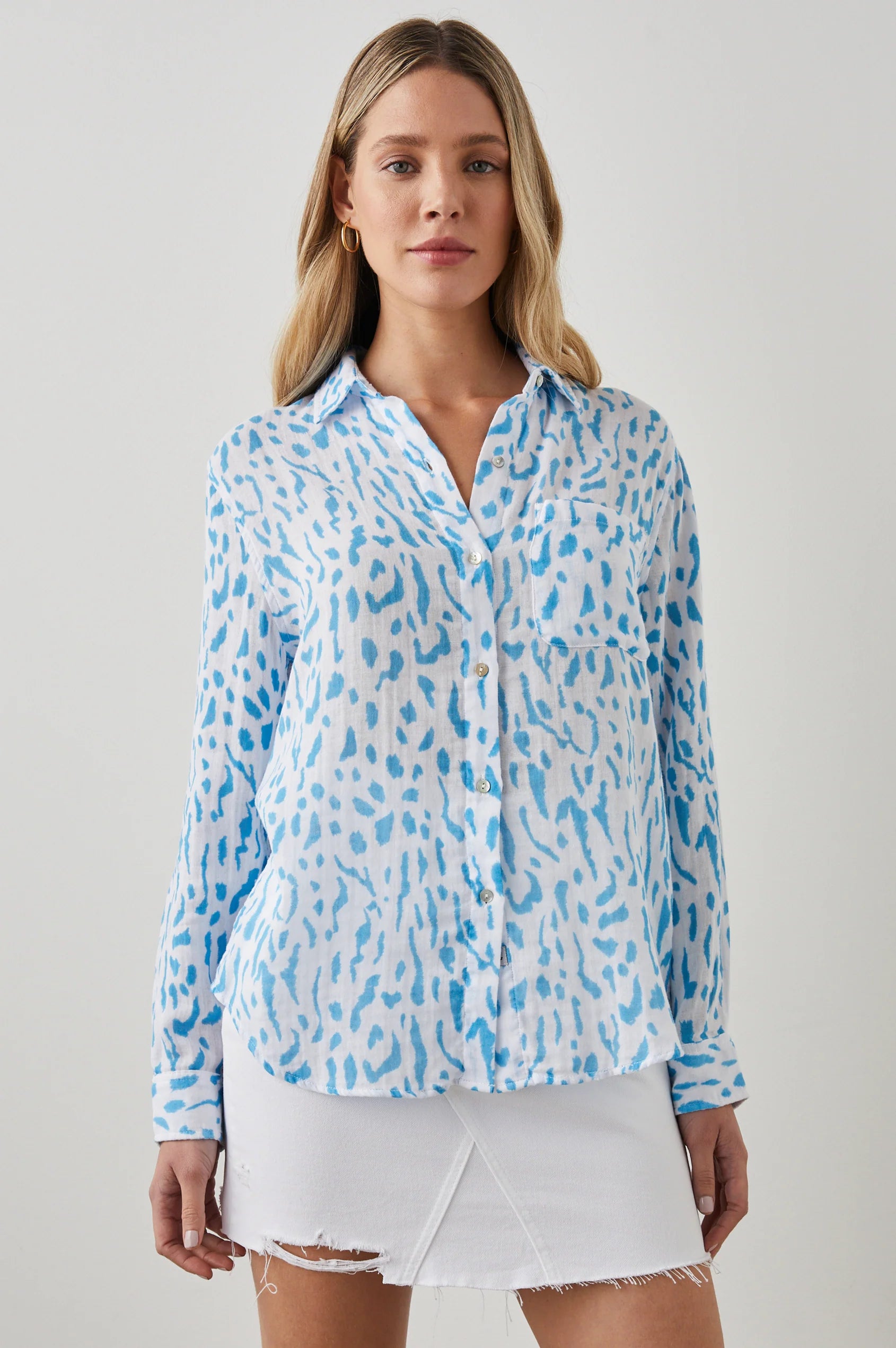 Ellis Shirt Teal Cheetah  Eco-- Front Pockets Side Pockets Patch Pockets