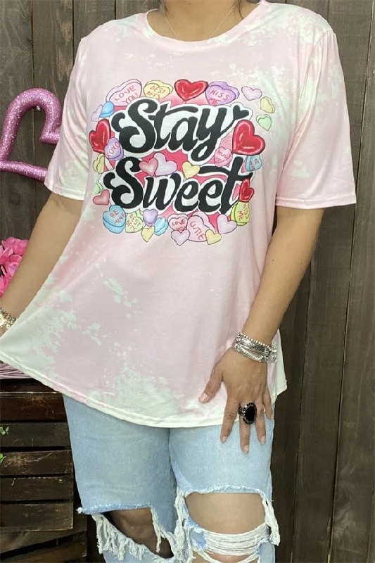 DLH14552 "Stay Sweet hearts"words&heart multi color printed short sleeve women pink T-shirt-- Anti-Pilling Machine Wash Handmade DLH14552 "Stay Sweet hearts"words&heart multi color printed short sleeve women pink T-shirt-- Anti-Pilling Machine Wash Handmade