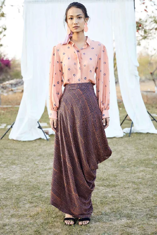 Block Printed Draped Skirt With Bandhej Shirt-- Cashmere Blend Cotton Blend Poly Blend