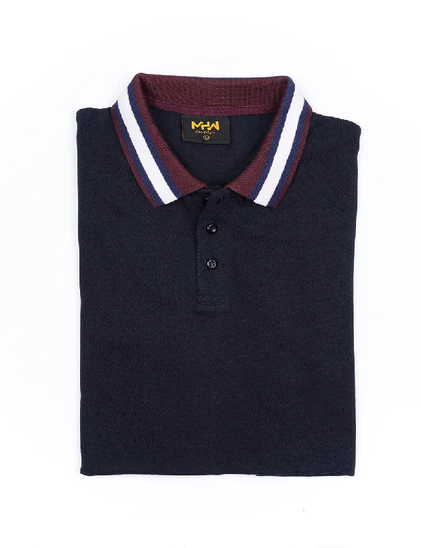 Navy Blue Contrast Striped Collar Polo Women Shirt-- Chenille Fabric Brocade Fabric Lace Fabric Navy Blue Contrast Striped Collar Polo Women Shirt-- Chenille Fabric Brocade Fabric Lace Fabric