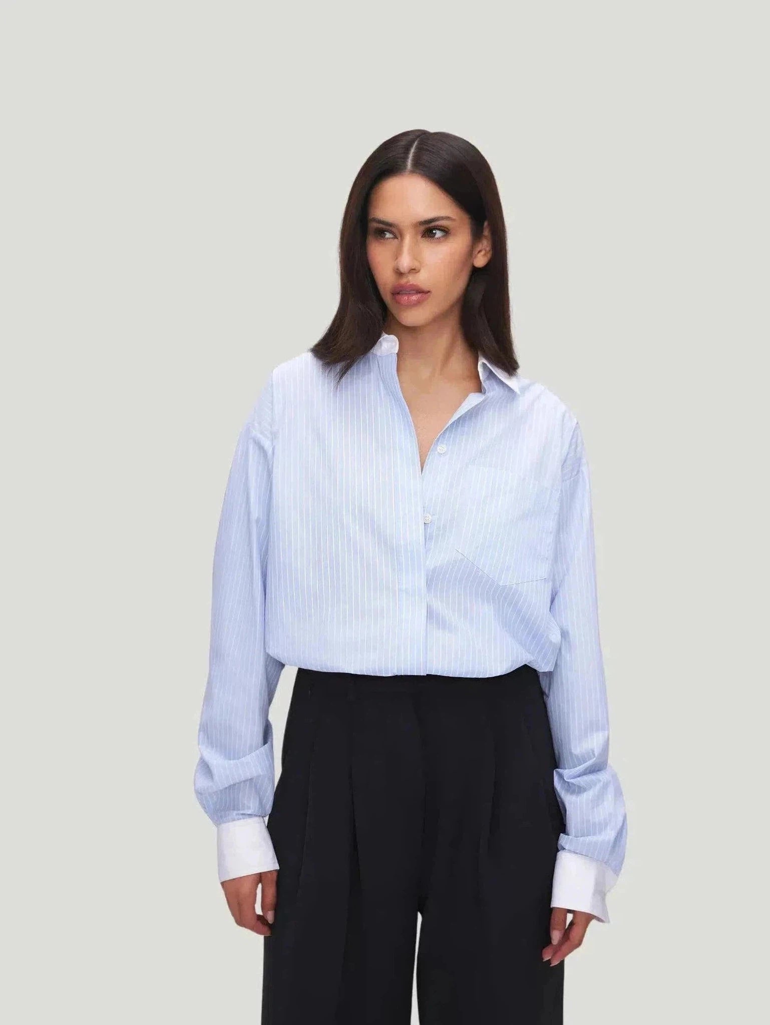 GOOD AMERICAN Poplin Striped Shirt-- Mesh Blend Leather Blend Suede Blend