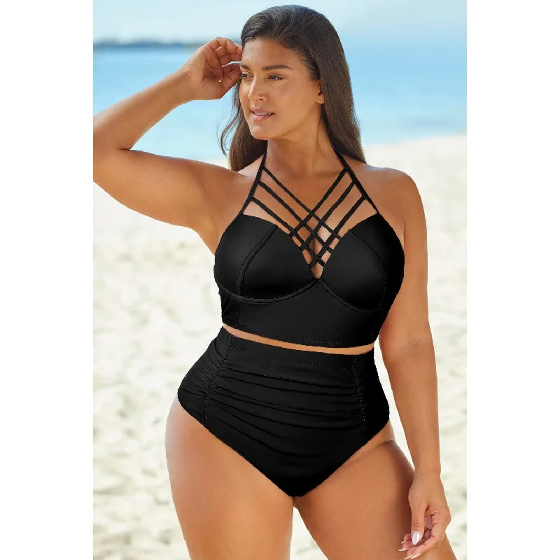 Full Size Halter Neck Crisscross Ruched Two-Piece Swimsuit Summer Ready Swimsuit