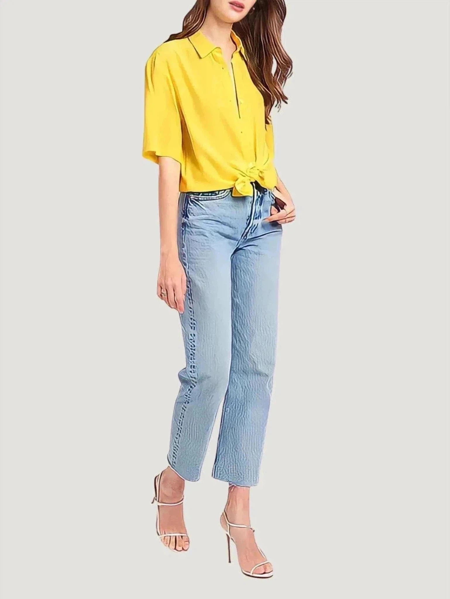 AMANDA UPRICHARD Yellow Silk Grandpa Shirt -- Basic T-Shirt Crew Neck Short Sleeve