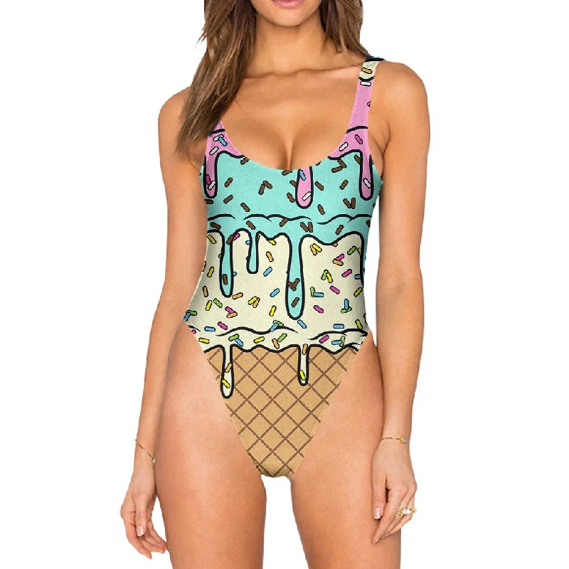 Ice Cream Drip Swimsuit - High Legged Flirty Ruffle Swimsuit