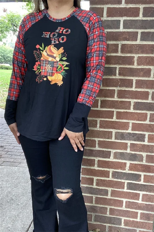 DLH10183 HO HO HO Cute cup of tea printed t-shirt w/plaid sleeves-- Anti-Shrink Durable Soft DLH10183 HO HO HO Cute cup of tea printed t-shirt w/plaid sleeves-- Anti-Shrink Durable Soft
