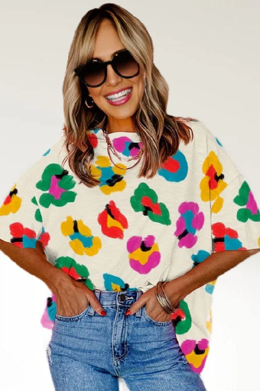 Colorful Leopard Tee Shirt - White-- Hooded Caped Shawl Collar