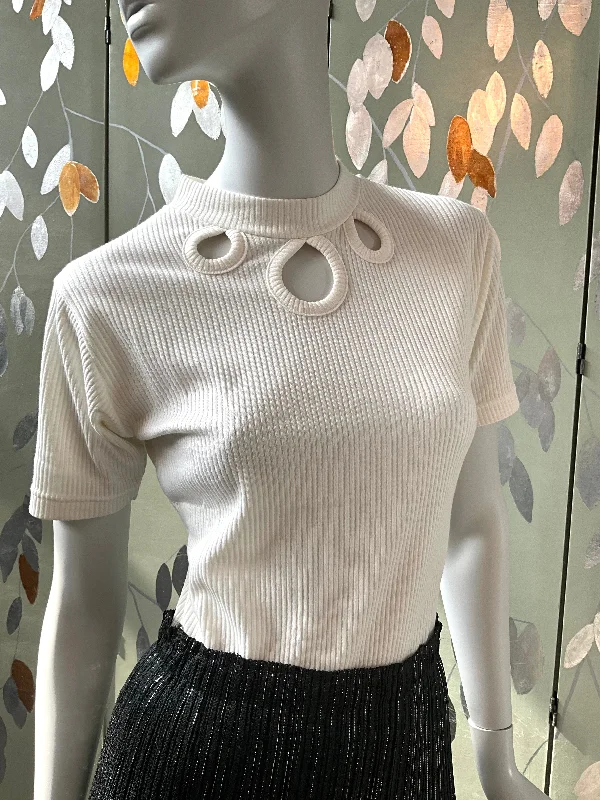 Vintage Deadstock 1990s White Rib Knit Mod Cut-Out Mock Neck T-Shirt-- Chenille Blend Fleece Blend Nylon Blend Vintage Deadstock 1990s White Rib Knit Mod Cut-Out Mock Neck T-Shirt-- Chenille Blend Fleece Blend Nylon Blend