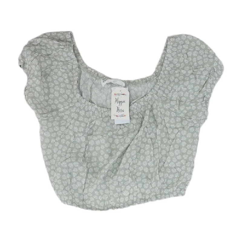 Green Floral Cropped T-Shirt-- Welt Pockets Slit Pockets Flap Pockets