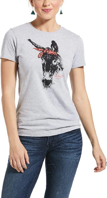 Ariat Women's Bandana Donkey T-Shirt, Grey Heather-- Print Jacquard Patchwork