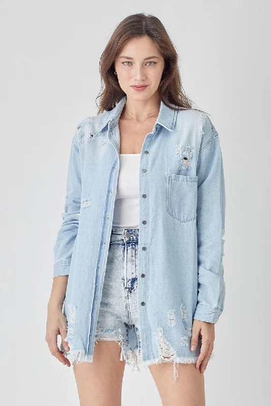 All The Vibes Risen Distressed Relaxed Fit Light Denim Shirt-- Denim Fabric Leather Fabric Suede Fabric All The Vibes Risen Distressed Relaxed Fit Light Denim Shirt-- Denim Fabric Leather Fabric Suede Fabric