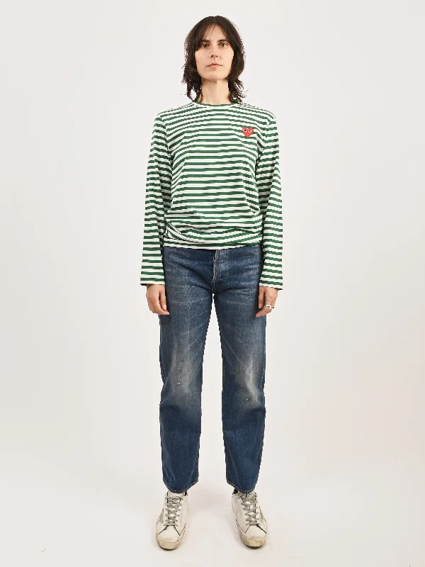 Green/White Red Heart Play Striped T-Shirt-- Front Pockets Side Pockets Patch Pockets Green/White Red Heart Play Striped T-Shirt-- Front Pockets Side Pockets Patch Pockets