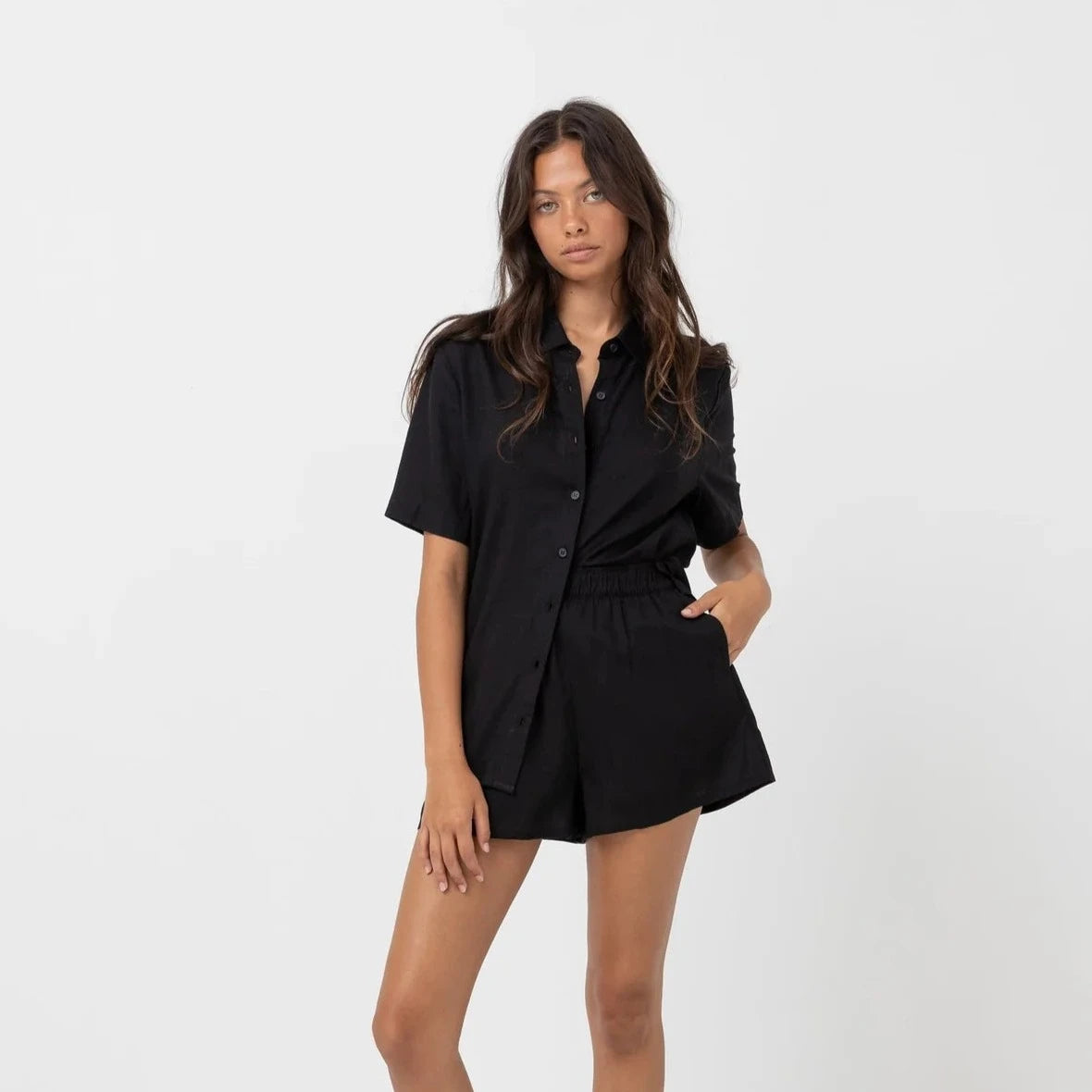 Classic Lounge Shirt - Black-- Front Pockets Side Pockets Patch Pockets