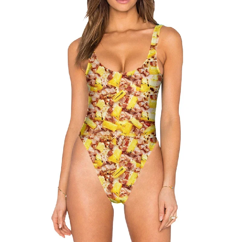 Hawaiian Pizza Swimsuit - High Legged Button-Front Swimsuit