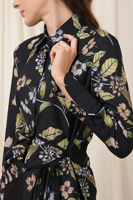 TIE UP SHIRT FLORALLY FLOURISHED PARIS-- Spandex Blend Rayon Blend Denim Blend