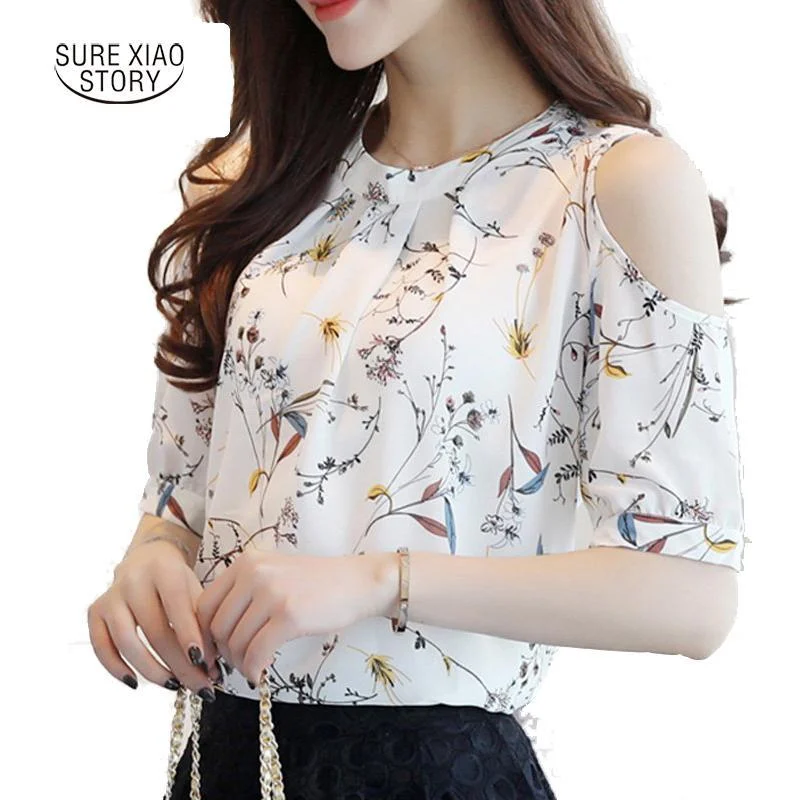2017 Chiffon Print Blusas Floral Shirt-- Embroidered Appliqued Beaded