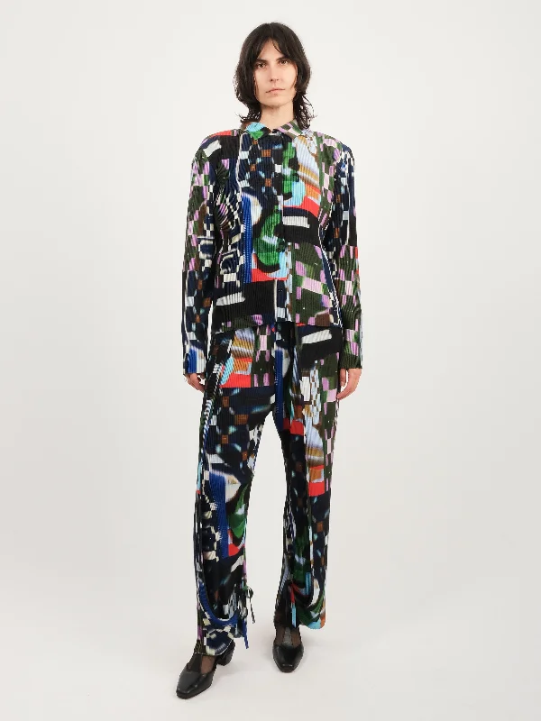Kaleidoscope Tetris Knight Plisse Shirt-- Solid Print Embellished