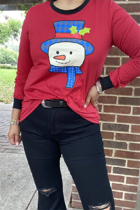 DLH9749 Snowman multi color printed long sleeve women red t-shirt w/black neckline&cuff (IS8)-- Iron Safe Non-Iron Wrinkle Free DLH9749 Snowman multi color printed long sleeve women red t-shirt w/black neckline&cuff (IS8)-- Iron Safe Non-Iron Wrinkle Free