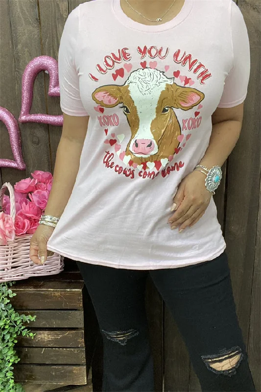 DLH10486 "I LOVE YOU UNTIL THE COWS COME HOME" Cow multi color printed women pink T-shirt-- Asymmetrical Pockets Print DLH10486 "I LOVE YOU UNTIL THE COWS COME HOME" Cow multi color printed women pink T-shirt-- Asymmetrical Pockets Print
