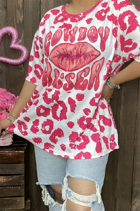 XCH14626 COWBOY KISSER LIPS red leopard t-shirt-- Zippered Front Buttoned Front Snap Front XCH14626 COWBOY KISSER LIPS red leopard t-shirt-- Zippered Front Buttoned Front Snap Front