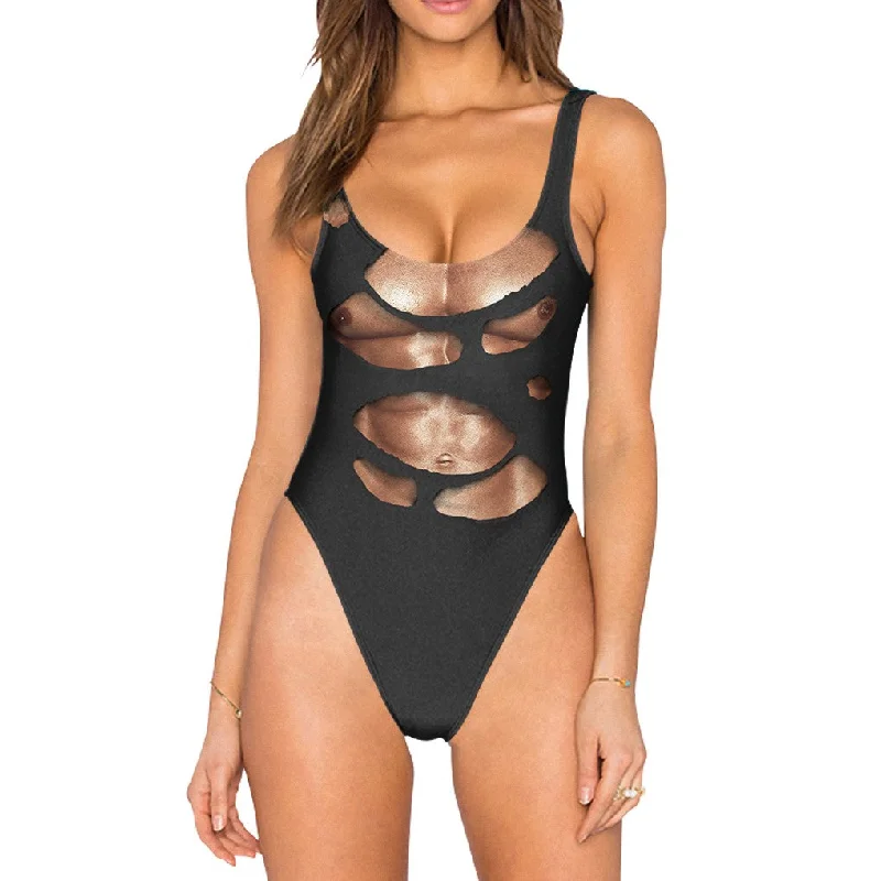 Ripped Chest Swimsuit - High Legged Swim Dress with Belt