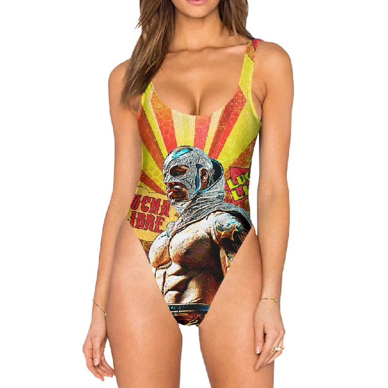 Lucha Libre Swimsuit - High Legged Tropical Print One-Piece