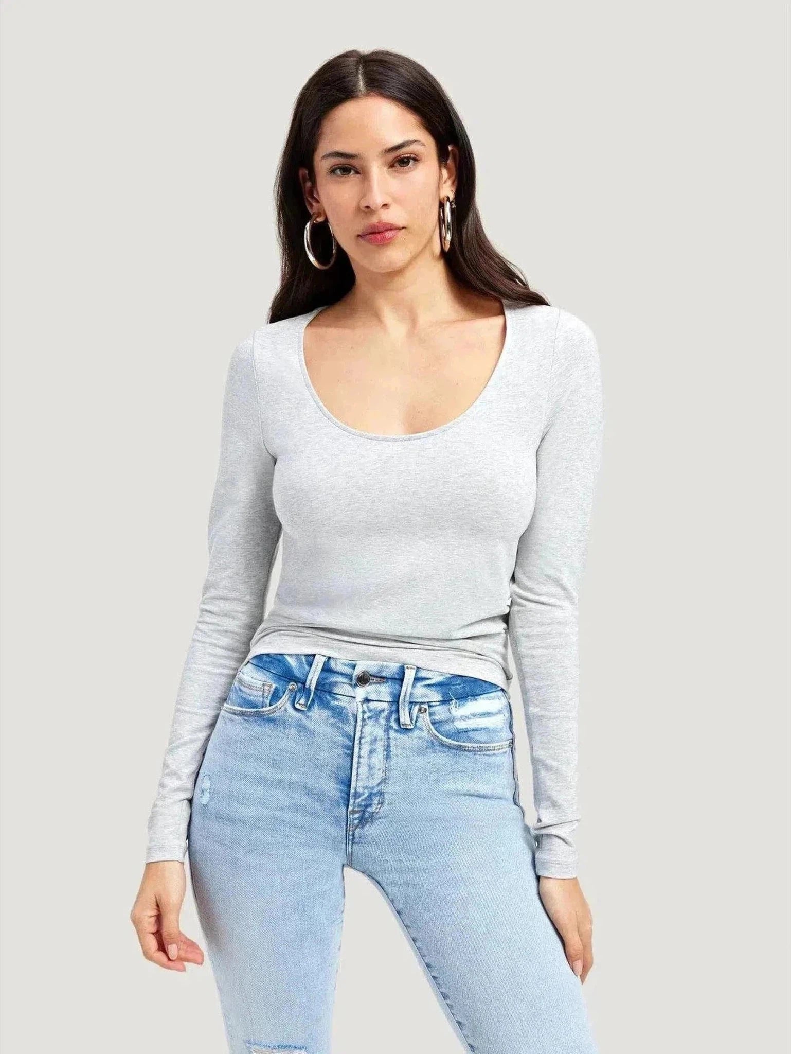 GOOD AMERICAN Scoop Long Sleeve T-shirt-- Houndstooth Herringbone Solid