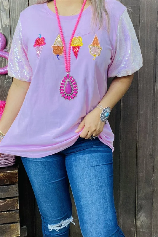 DLH13632 Ice cream embroider patch pink women t-shirt with sequin short sleeve ( IS7)-- Houndstooth Herringbone Solid DLH13632 Ice cream embroider patch pink women t-shirt with sequin short sleeve ( IS7)-- Houndstooth Herringbone Solid