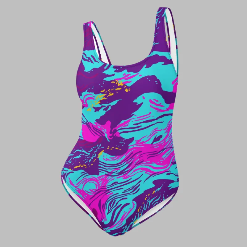 Rhodesian Synthwave Brushstroke One-Piece Swimsuit Adjustable Bikini Bottoms