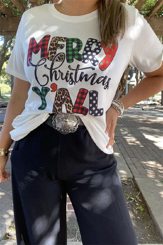 XCH15730 "MERRY Christmas Y'ALL "multi color printed for Christmas holiday short sleeve white women t-shirt/tops-- Real Fur Shearling Chenille XCH15730 "MERRY Christmas Y'ALL "multi color printed for Christmas holiday short sleeve white women t-shirt/tops-- Real Fur Shearling Chenille
