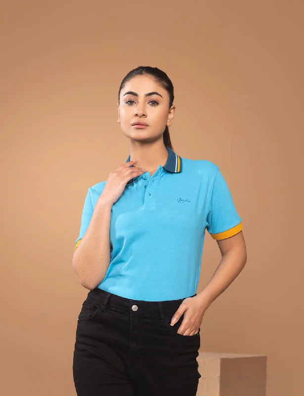 Turquoise Contrast Collar Women Polo Shirt-- Fleece Fabric Down Fabric Feather Fabric Turquoise Contrast Collar Women Polo Shirt-- Fleece Fabric Down Fabric Feather Fabric
