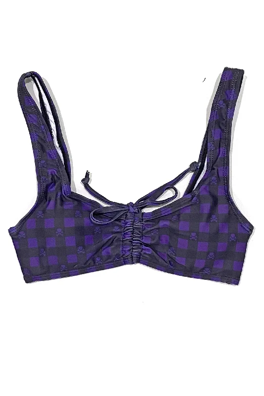 Purple Gingham Heart Drawcord Swimsuit Top Sleek Full Coverage